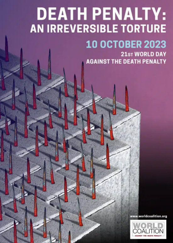 Drawing of field of bloody tacks. Text reads: Death penalty: an irreversible torture, 10 October 2023, 21st World Day Against the Death Penalty