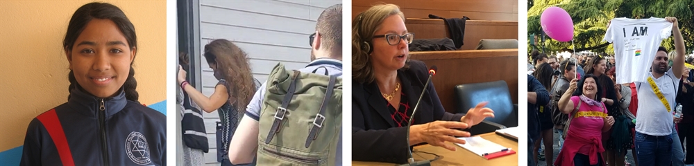 photo collage of smiling Nepal School student, Advocates staff at the Afghan Clinic, Senior Staff Attorney Amy Bergquist presenting at the UN, and a pride march
