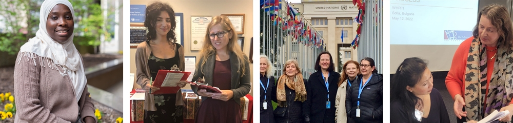 photo collage of a former asylum client, WATCH court monitoring volunteer and Staff Attorney Elizabeth Montgomery, board members at the United Nations, Women's Rights Program Director Rosalyn Park looking at a document with a woman