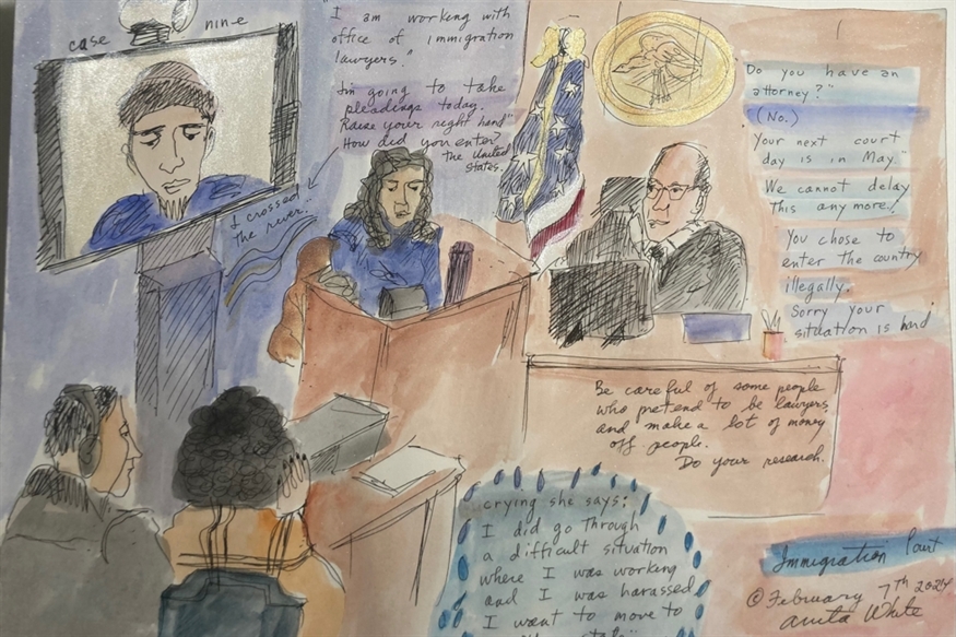 Non-detained master calendar hearing, art by Anita White